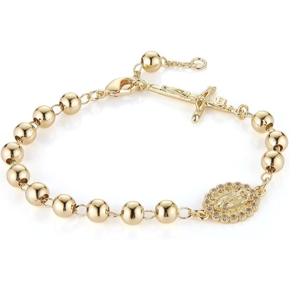 Gold Bead Crucifixed & Mary Rosary Bead Cross Adjustable Link Bracelet